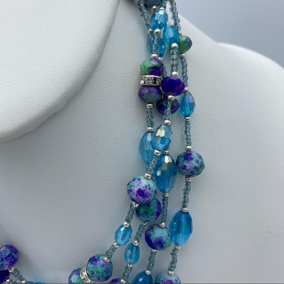 Blue Glass Multi Faceted Beaded & Seed Bead Rhinestone Multi Strand Necklace - Picture 8 of 9